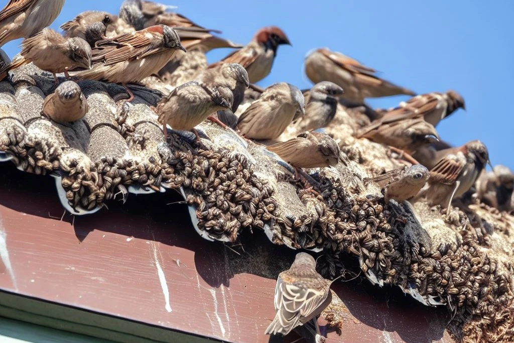 A group of sparrows sitting on a roof. These birds can cause severe damages to your house.